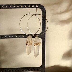 Crystal Point Hoop Earrings - Clear Quartz on Gold Wire